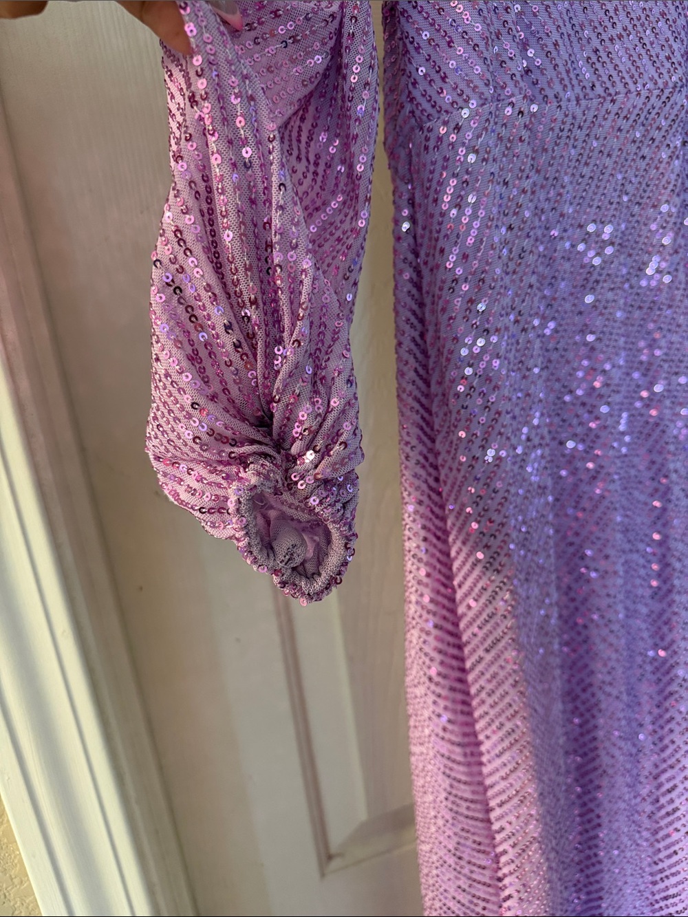 Lavender Sequin Draped Evening Gown - Picture 8 of 8